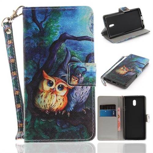 Oil Painting Owl Hand Strap Leather Wallet Case for Nokia 3 Nokia3