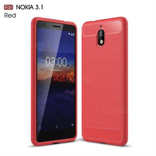 Luxury Carbon Fiber Brushed Wire Drawing Silicone TPU Back Cover for Nokia 3.1 - Red