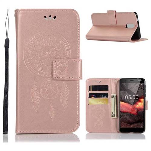 Intricate Embossing Owl Campanula Leather Wallet Case for Nokia 3.1 - Rose Gold