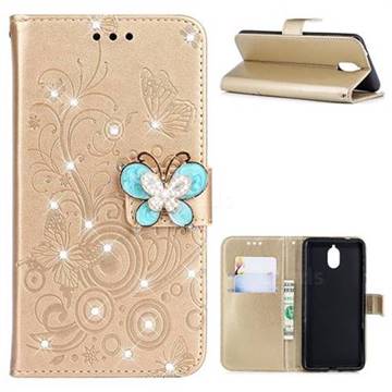 Embossing Butterfly Circle Rhinestone Leather Wallet Case for Nokia 3.1 - Champagne
