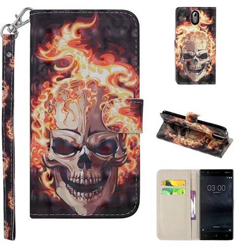 Flame Skull 3D Painted Leather Phone Wallet Case Cover for Nokia 3.1