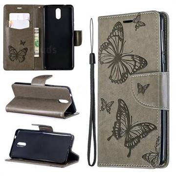 Embossing Double Butterfly Leather Wallet Case for Nokia 3.1 - Gray