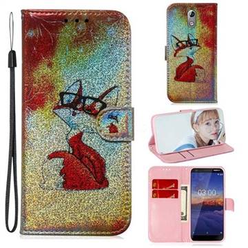 Glasses Fox Laser Shining Leather Wallet Phone Case for Nokia 3.1