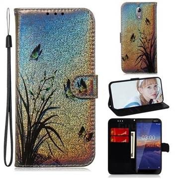 Butterfly Orchid Laser Shining Leather Wallet Phone Case for Nokia 3.1