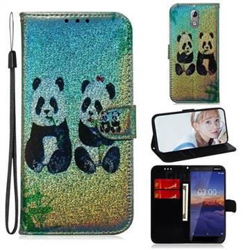 Two Pandas Laser Shining Leather Wallet Phone Case for Nokia 3.1