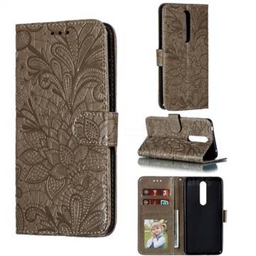 Intricate Embossing Lace Jasmine Flower Leather Wallet Case for Nokia 3.1 - Gray