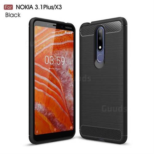 Luxury Carbon Fiber Brushed Wire Drawing Silicone TPU Back Cover for Nokia 3.1 Plus - Black