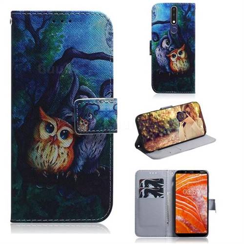Oil Painting Owl PU Leather Wallet Case for Nokia 3.1 Plus