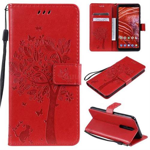 Embossing Butterfly Tree Leather Wallet Case for Nokia 3.1 Plus - Red