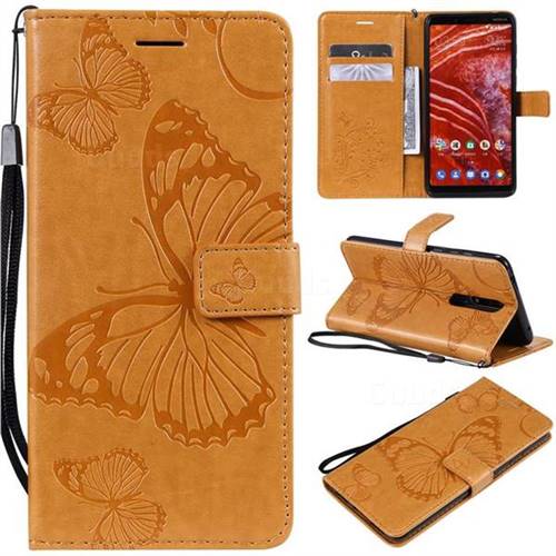 Embossing 3D Butterfly Leather Wallet Case for Nokia 3.1 Plus - Yellow