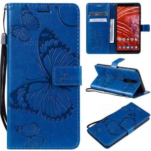 Embossing 3D Butterfly Leather Wallet Case for Nokia 3.1 Plus - Blue