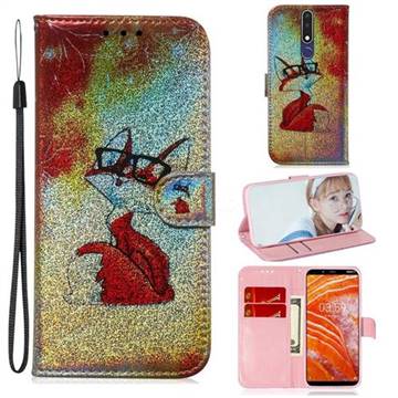 Glasses Fox Laser Shining Leather Wallet Phone Case for Nokia 3.1 Plus