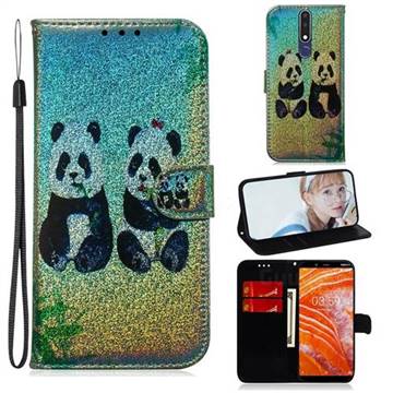 Two Pandas Laser Shining Leather Wallet Phone Case for Nokia 3.1 Plus