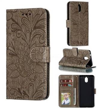 Intricate Embossing Lace Jasmine Flower Leather Wallet Case for Nokia 3.1 Plus - Gray