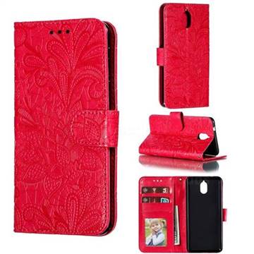 Intricate Embossing Lace Jasmine Flower Leather Wallet Case for Nokia 3.1 Plus - Red