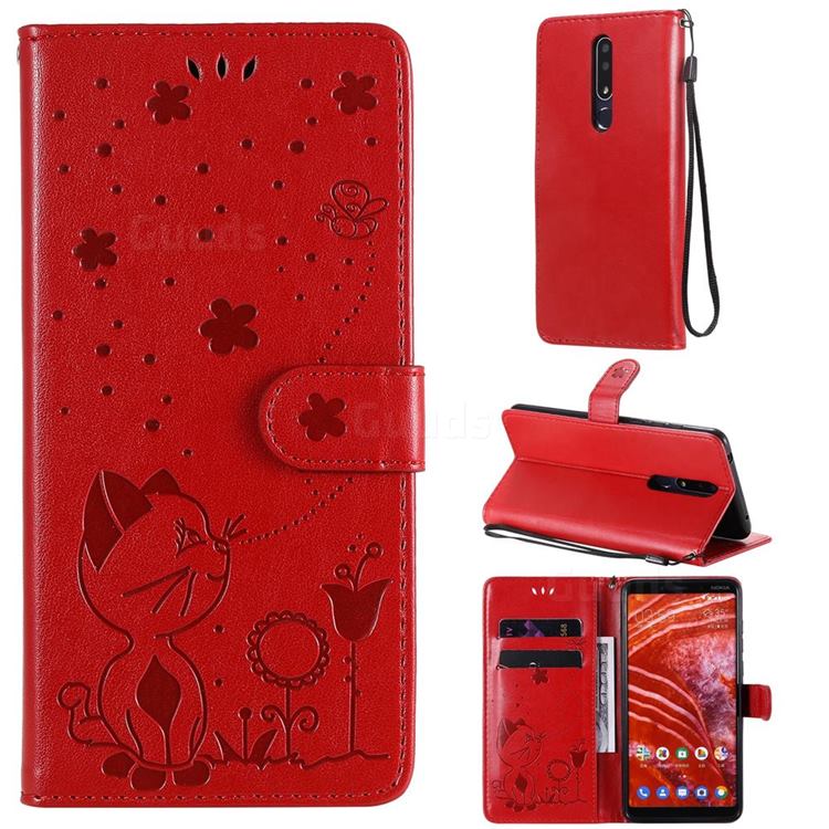 Embossing Bee and Cat Leather Wallet Case for Nokia 3.1 Plus - Red