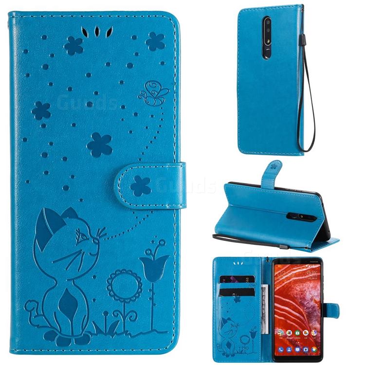Embossing Bee and Cat Leather Wallet Case for Nokia 3.1 Plus - Blue