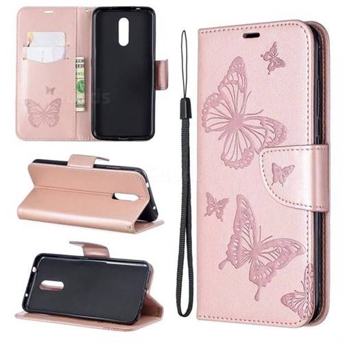 Embossing Double Butterfly Leather Wallet Case for Nokia 3.2 - Rose Gold