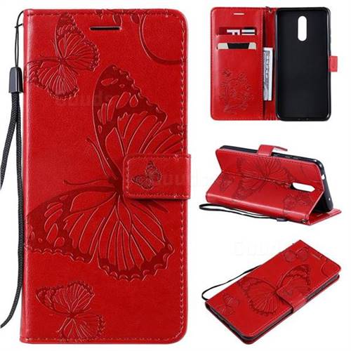 Embossing 3D Butterfly Leather Wallet Case for Nokia 3.2 - Red