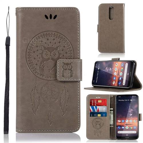 Intricate Embossing Owl Campanula Leather Wallet Case for Nokia 3.2 - Grey