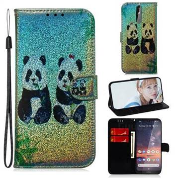 Two Pandas Laser Shining Leather Wallet Phone Case for Nokia 3.2