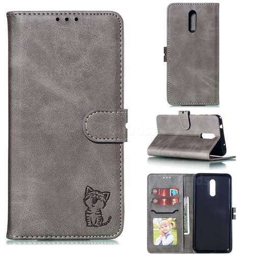 Embossing Happy Cat Leather Wallet Case for Nokia 3.2 - Gray