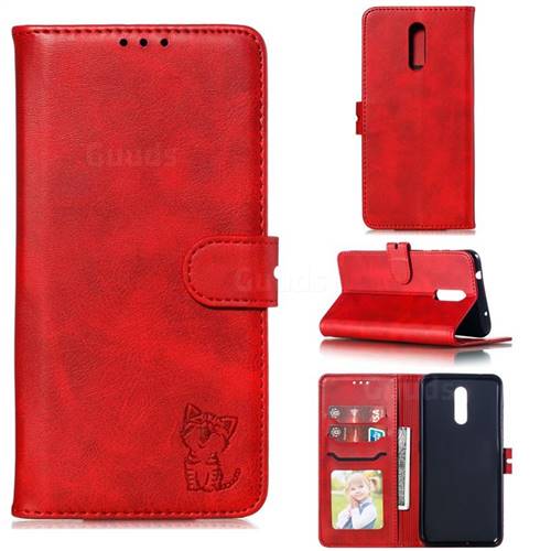 Embossing Happy Cat Leather Wallet Case for Nokia 3.2 - Red