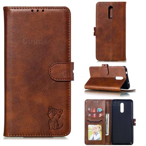 Embossing Happy Cat Leather Wallet Case for Nokia 3.2 - Brown