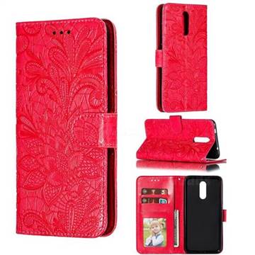Intricate Embossing Lace Jasmine Flower Leather Wallet Case for Nokia 3.2 - Red