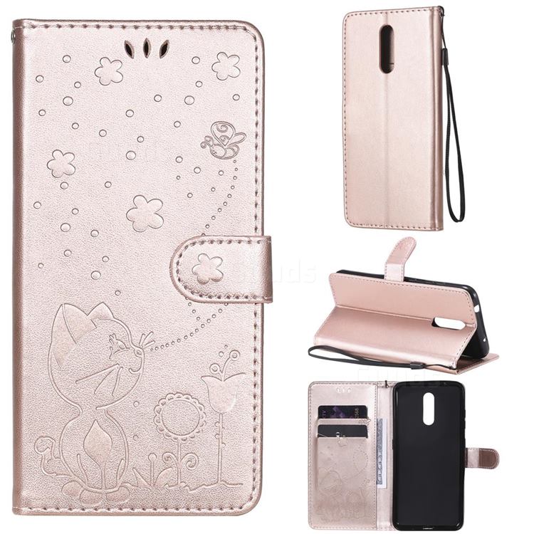 Embossing Bee and Cat Leather Wallet Case for Nokia 3.2 - Rose Gold