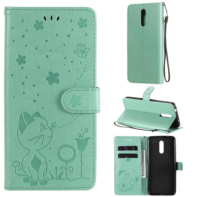 Embossing Bee and Cat Leather Wallet Case for Nokia 3.2 - Green