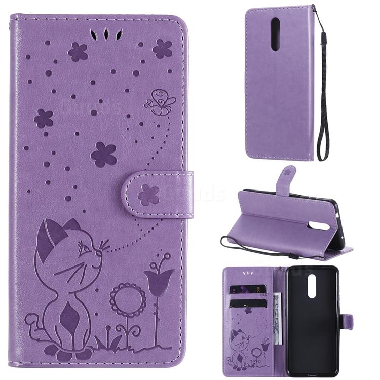 Embossing Bee and Cat Leather Wallet Case for Nokia 3.2 - Purple