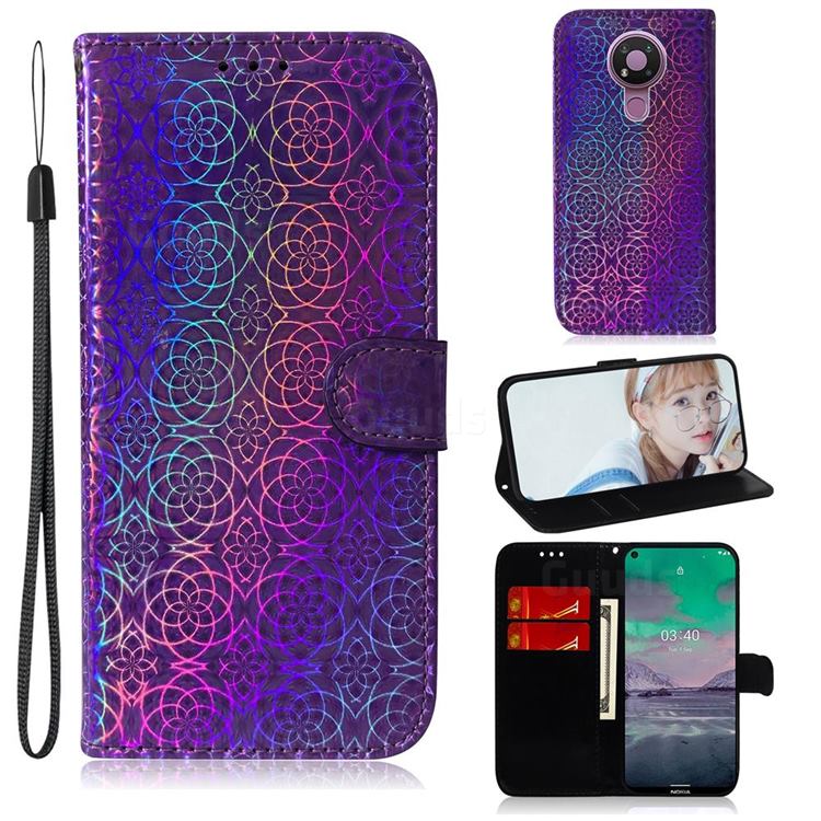 Laser Circle Shining Leather Wallet Phone Case for Nokia 3.4 - Purple