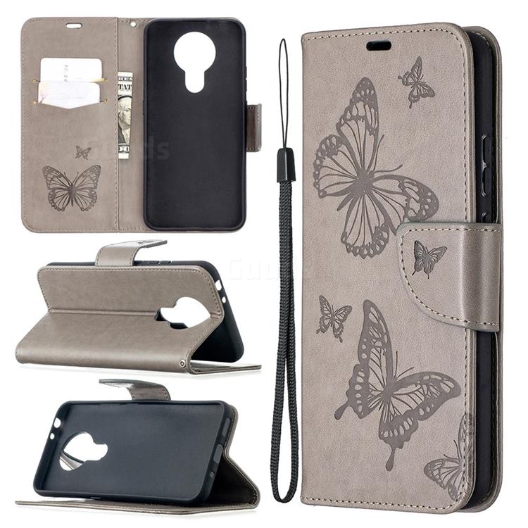 Embossing Double Butterfly Leather Wallet Case for Nokia 3.4 - Gray