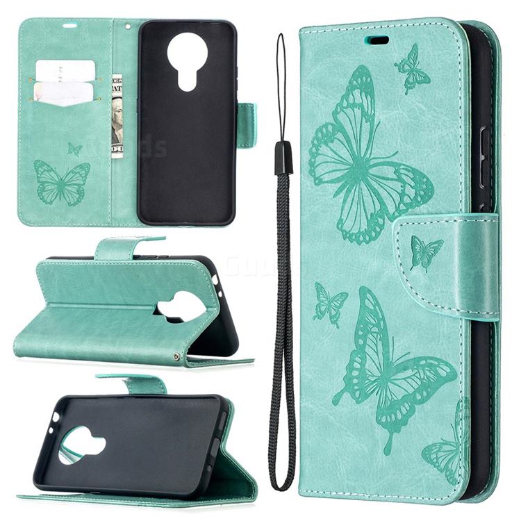Embossing Double Butterfly Leather Wallet Case for Nokia 3.4 - Green