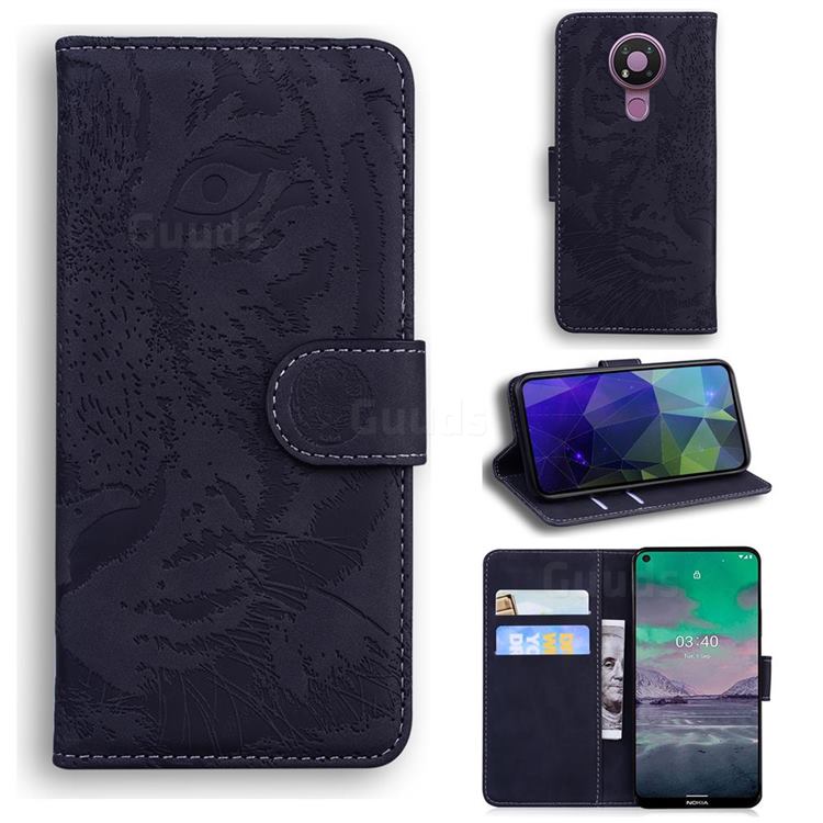 Intricate Embossing Tiger Face Leather Wallet Case for Nokia 3.4 - Black