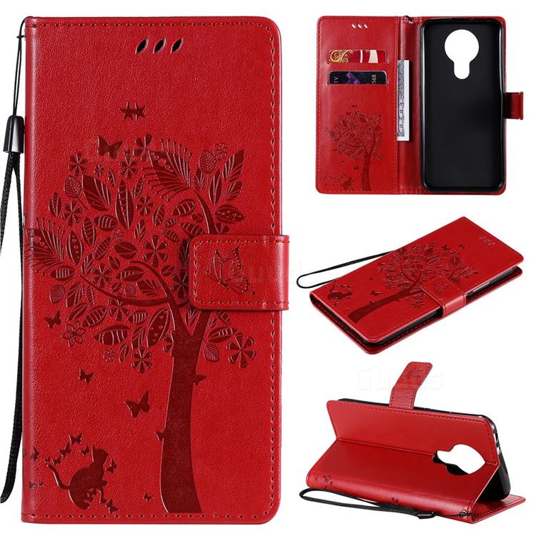 Embossing Butterfly Tree Leather Wallet Case for Nokia 3.4 - Red