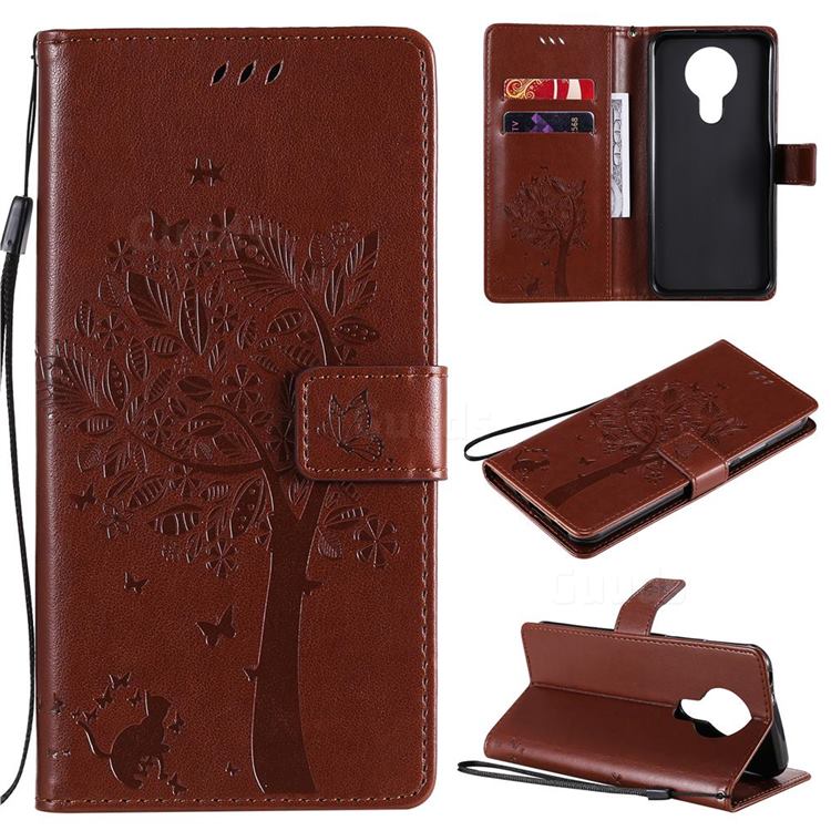 Embossing Butterfly Tree Leather Wallet Case for Nokia 3.4 - Coffee