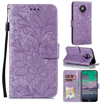 Intricate Embossing Lace Jasmine Flower Leather Wallet Case for Nokia 3.4 - Purple