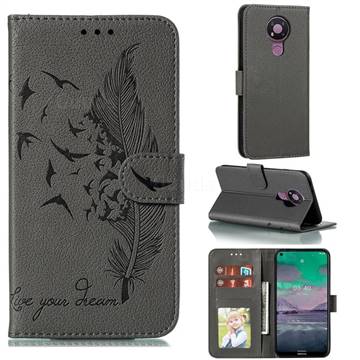 Intricate Embossing Lychee Feather Bird Leather Wallet Case for Nokia 3.4 - Gray
