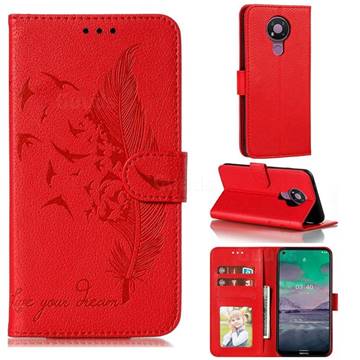 Intricate Embossing Lychee Feather Bird Leather Wallet Case for Nokia 3.4 - Red