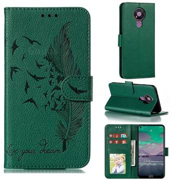Intricate Embossing Lychee Feather Bird Leather Wallet Case for Nokia 3.4 - Green
