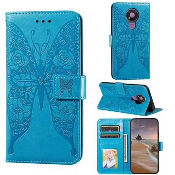 Intricate Embossing Rose Flower Butterfly Leather Wallet Case for Nokia 3.4 - Blue