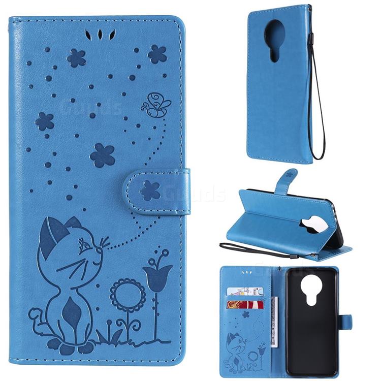 Embossing Bee and Cat Leather Wallet Case for Nokia 3.4 - Blue