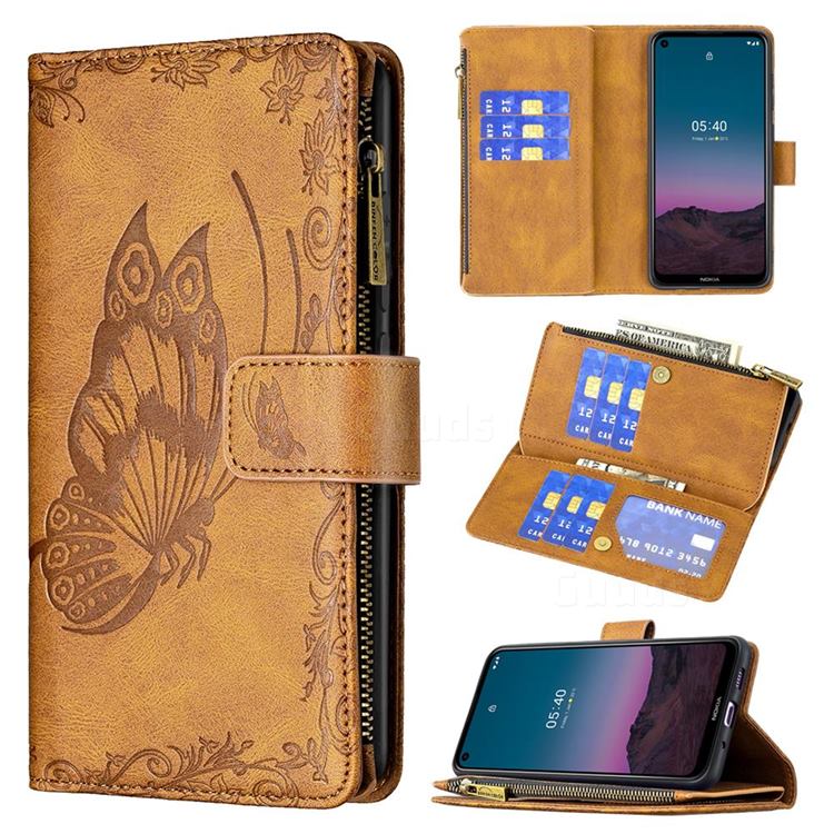 Binfen Color Imprint Vivid Butterfly Buckle Zipper Multi-function Leather Phone Wallet for Nokia 3.4 - Brown
