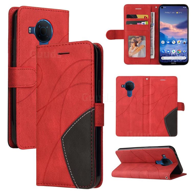 Luxury Two-color Stitching Leather Wallet Case Cover for Nokia 3.4 - Red