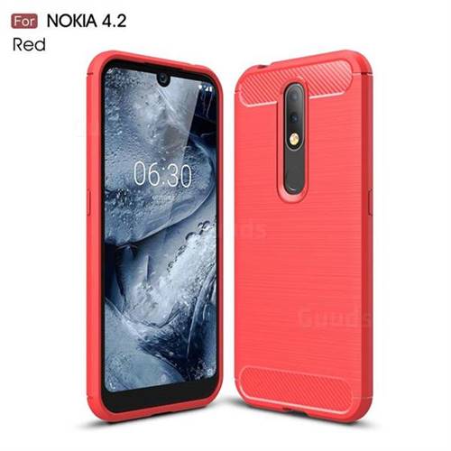 Luxury Carbon Fiber Brushed Wire Drawing Silicone TPU Back Cover for Nokia 4.2 - Red