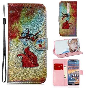 Glasses Fox Laser Shining Leather Wallet Phone Case for Nokia 4.2