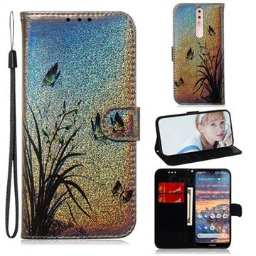 Butterfly Orchid Laser Shining Leather Wallet Phone Case for Nokia 4.2