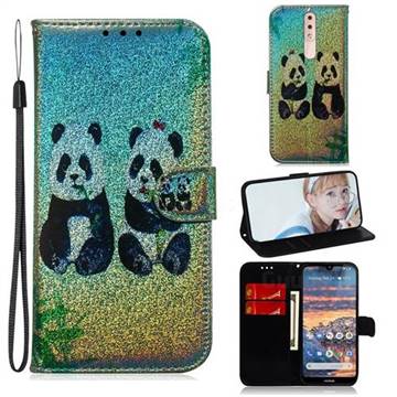 Two Pandas Laser Shining Leather Wallet Phone Case for Nokia 4.2